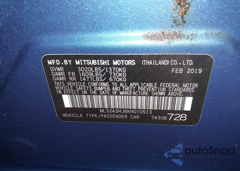 2019 Mitsubishi Mirage Es из США, поврежденный, VIN ML32A3HJ6KH010513